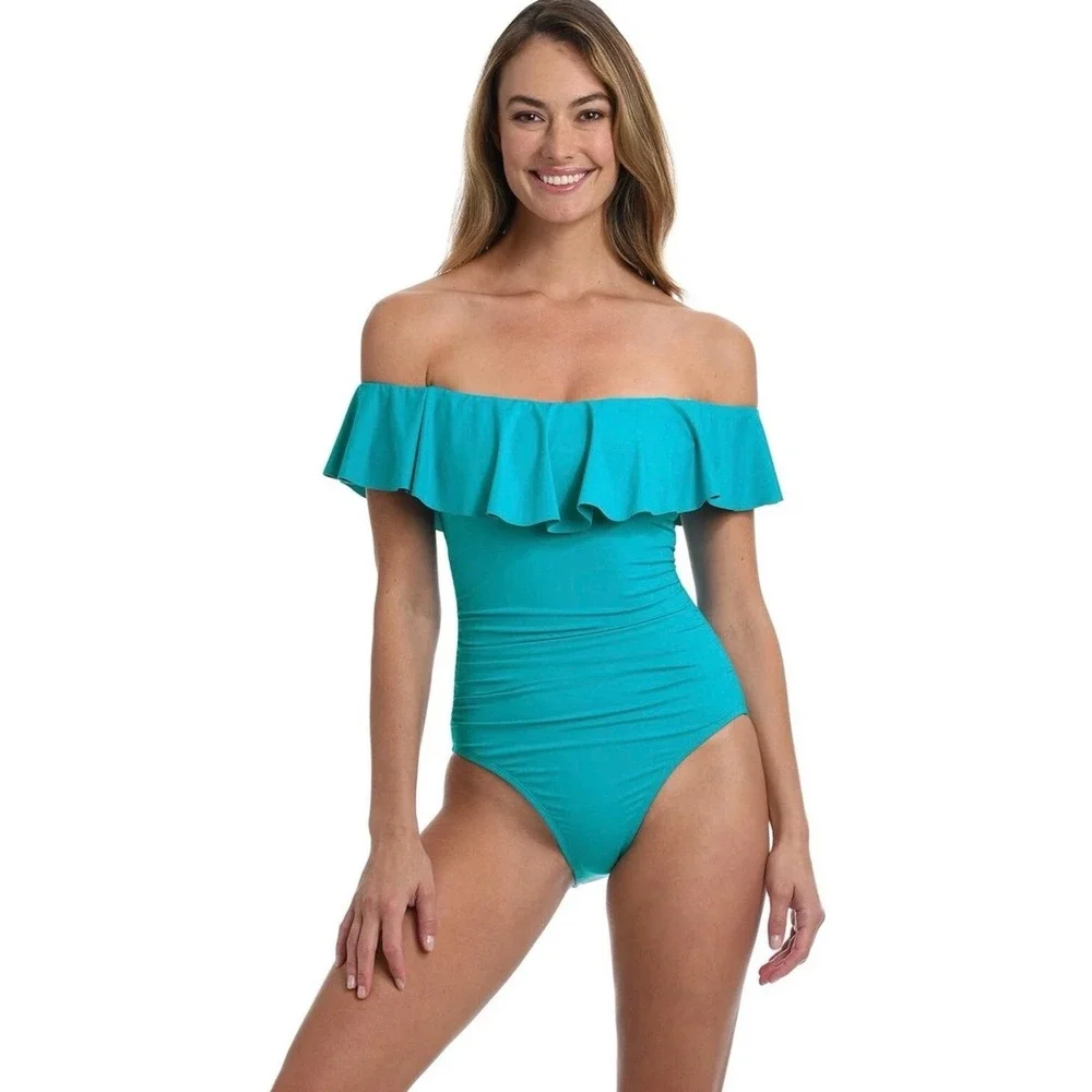 La Blanca One Piece Swimsuit Women 6 Teal‎ Ruffle Off Shoulder Ruched Lace Back